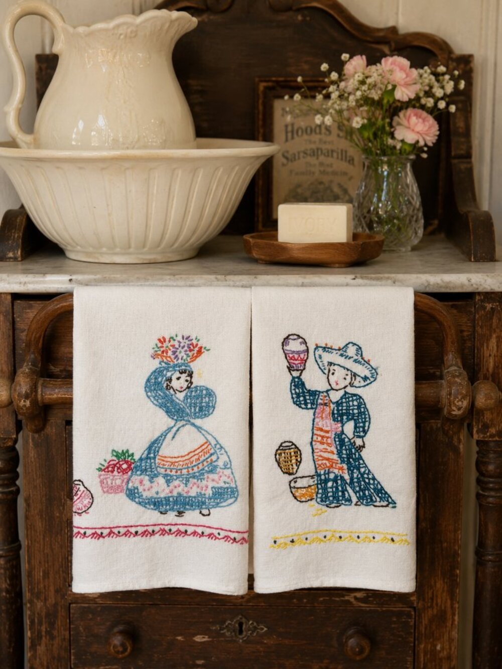 Two Vintage Linen Hand Embroidered‎ Kitchen Towels